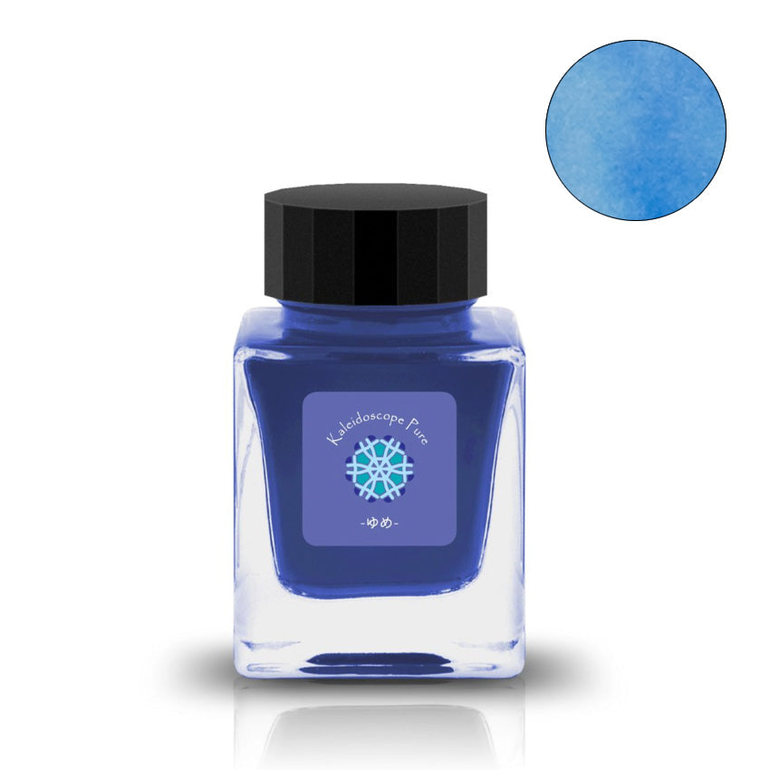 Yume ゆめ fountain pen ink by Tono & Lims, 30ml glass bottle, cerulean blue, with black cap and label, available at Desk Bandit.