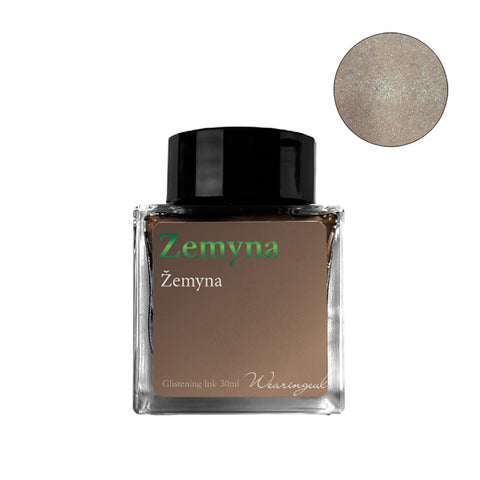 Wearingeul Zemyna (Shimmer) fountain pen ink, 30ml bottle, showcasing warm taupe-brown color with gold and green shimmer. Ideal for fountain, dip, and glass pens.