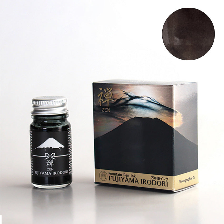 Teranishi Chemical Industry Zen Fujiyama Irodori fountain pen ink, 12ml bottle, with silver cap, alongside matching display box showcasing dark brown-black ink swatch.