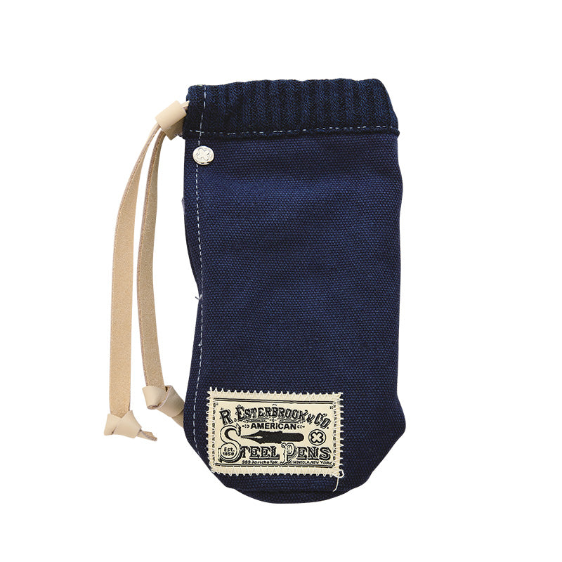Esterbrook 2GO Cup (Navy Blue) with leather drawstring, vintage logo, and suede interior, designed for carrying fountain pens.