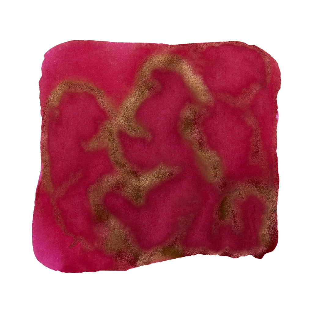 Redshift - 2ml: A square swatch of deep fuchsia ink with metallic gold streaks, showcasing Colorverse's plant-based, dye-based ink from the Astrophysics Collection.
