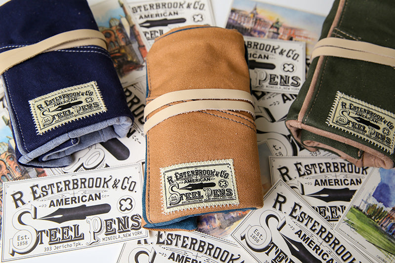 Esterbrook Pen Roll (British Tan) with leatherette strap, displayed with vintage promotional cards for R. Esterbrook & Co. American Steel Pens.