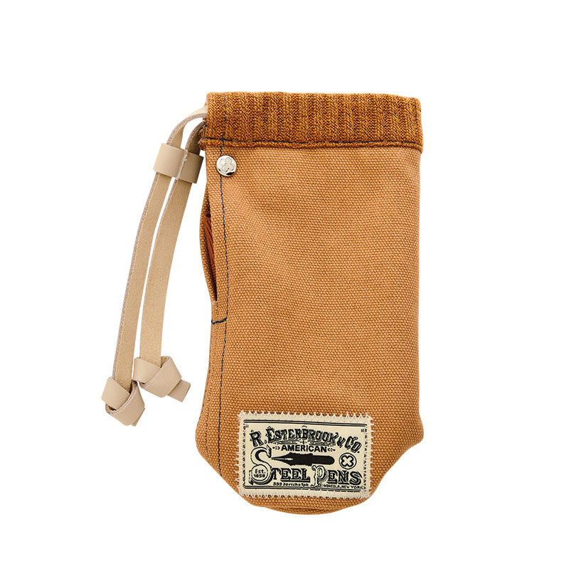 Esterbrook 2GO Cup (British Tan): Mustard-yellow canvas drawstring pouch with R. Esterbrook & Co. American Steel Pens label, leather cord pulls, ideal for fountain pen storage.