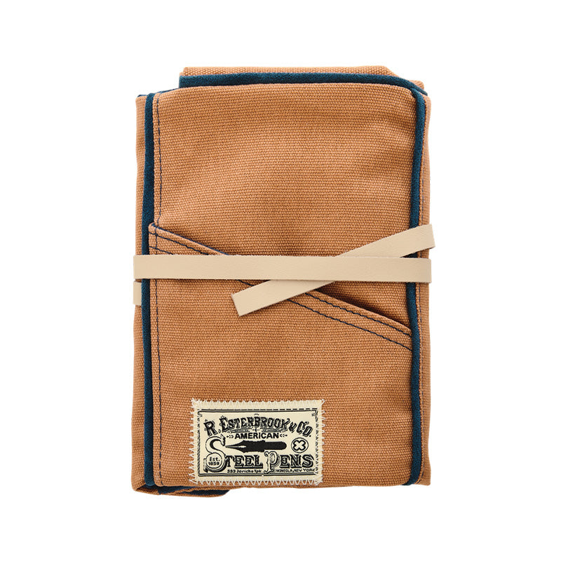 Esterbrook Pen Roll (British Tan) with vintage logo, featuring six slots and a protective flap, designed for stylish pen storage.