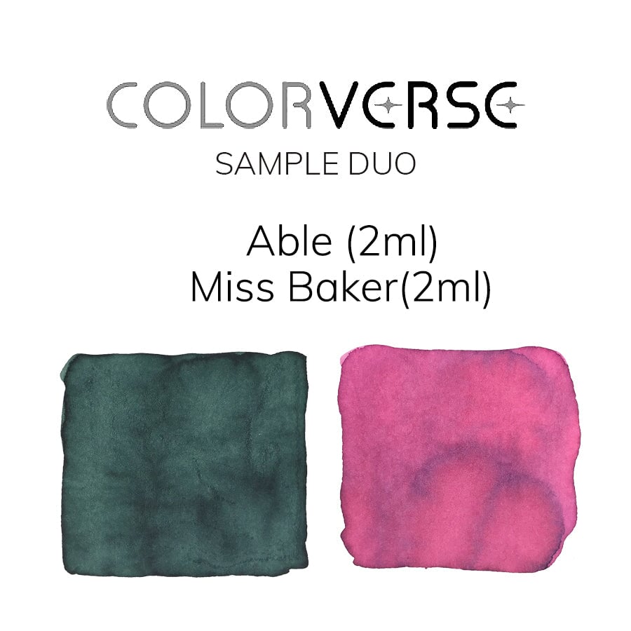 Colorverse Sample Duo, featuring 2ml each of Able and Miss Baker inks, highlighted with branding and ink names, emphasizing quality and plant-based formulation.