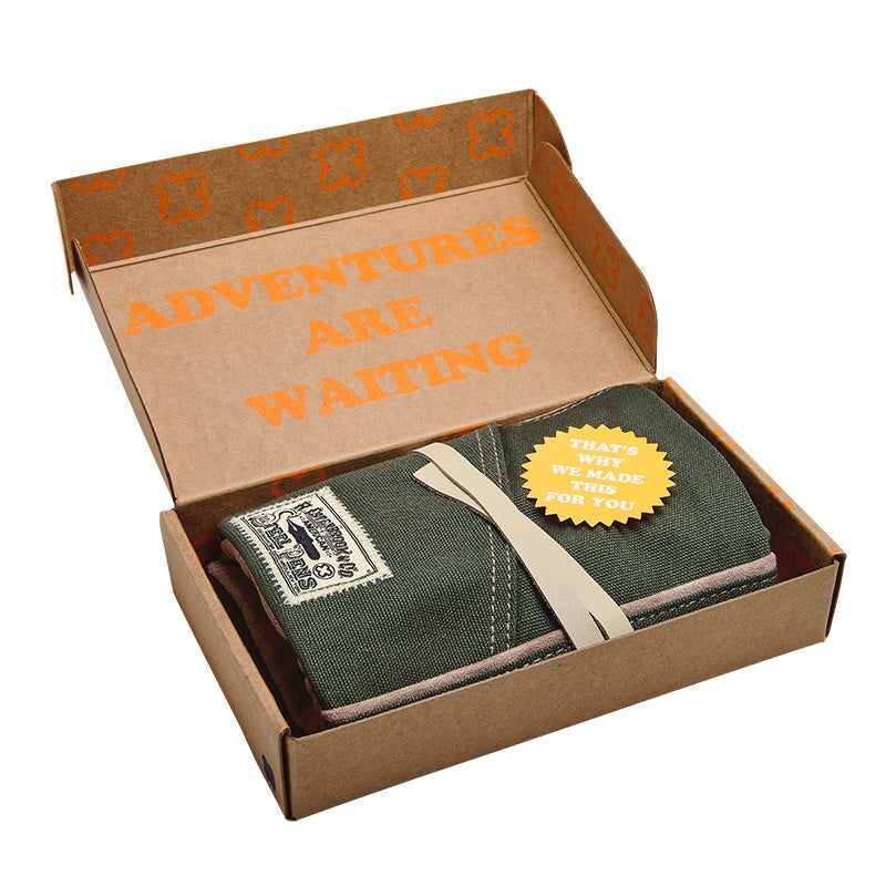 Esterbrook Pen Roll (Army Green) in a gift box; features six pen slots, suede lining, and a first-class ticket for pens message inside lid.