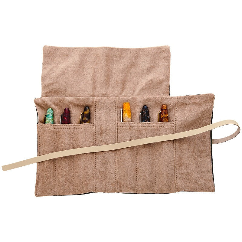 Esterbrook Army Green Pen Roll: Open suede pouch with six slots and leather strap, showcasing luxury pen storage for Desk Bandit's fountain pen enthusiasts.