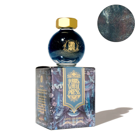 Ferris Wheel Press Once Upon a Time - Lapis Lullabies fountain pen ink, 20ml bottle with faceted gold cap, atop its matching decorative box showcasing ornate branding.