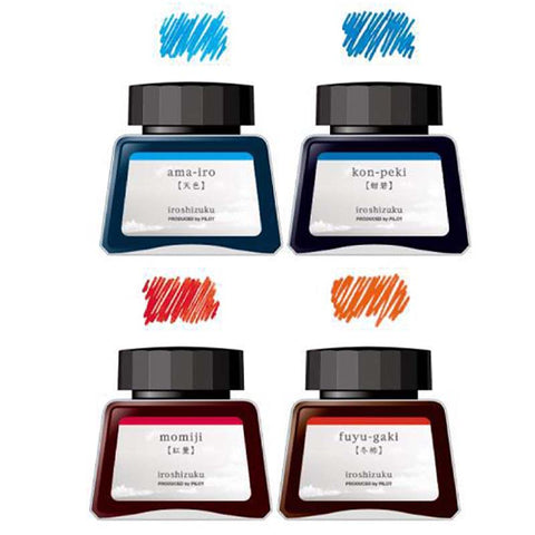 Pilot Iroshizuku 4-piece Ink Set (Ma-hiru) featuring 30ml bottles of fountain pen ink in Ama-iro, Kon-peki, Momiji, and Fuyu-gaki colors.