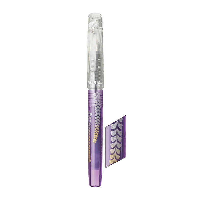 Preppy Wa Modern Maki-e Fountain Pen - Fine (Fuji) features a translucent purple barrel with silver and gold scallop motif, clear cap, and includes black ink cartridge.
