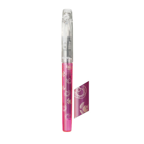 Preppy Wa Modern Maki-e Fountain Pen - Fine (Fukura Suzume) with transparent cap, showcasing pink body and seashell pattern. Features a steel nib, highlighting Japanese craftsmanship.