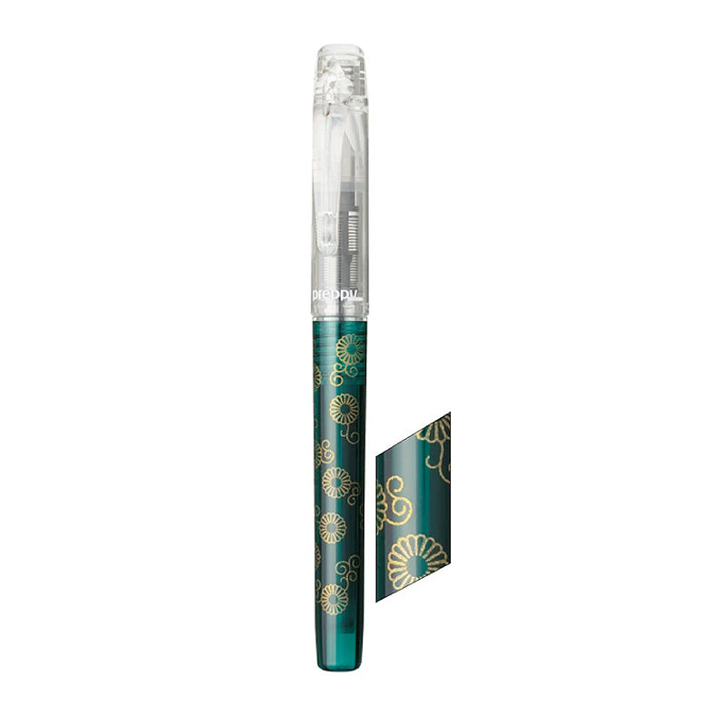 Platinum Preppy Wa Modern Maki-e Fountain Pen - Fine (Kiku-Karakusa) with teal-green barrel, gold floral motifs, clear cap, and included black ink cartridge.