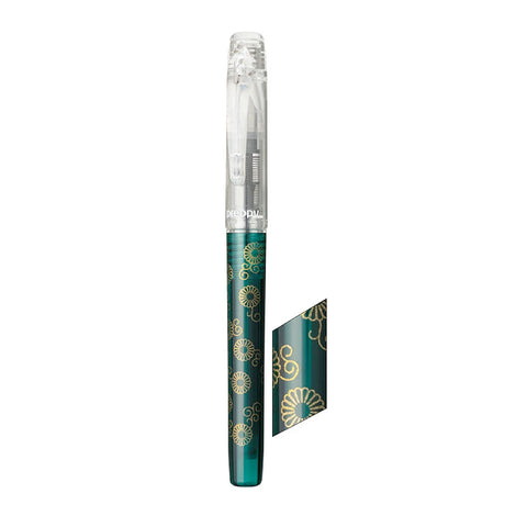 Platinum Preppy Wa Modern Maki-e Fountain Pen - Fine (Kiku-Karakusa) with teal-green barrel, gold floral motifs, clear cap, and included black ink cartridge.