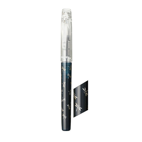Preppy Wa Modern Maki-e Fountain Pen - Fine (Kachimushi) with dragonfly motifs, clear cap, dark barrel, and included black ink cartridge by Platinum.