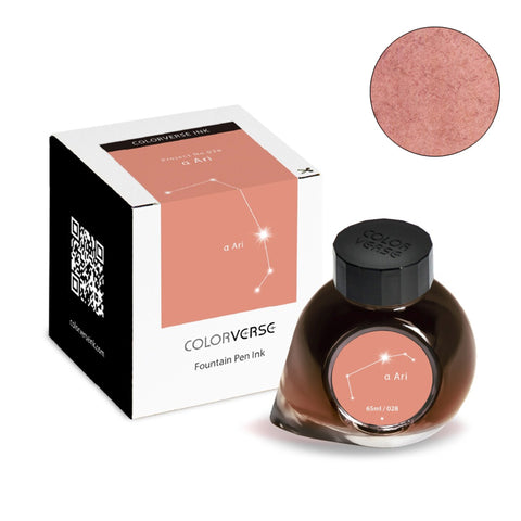 Colorverse Project Ink No.028 α Ari fountain pen ink, 65ml bottle with Aries constellation artwork, featuring warm peach/coral shade and plant-based composition.
