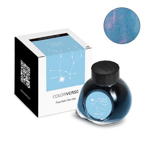 Colorverse fountain pen ink, Project Ink No.029 α Gem (Glistening), 65ml bottle with a black cap and shimmering teal-blue ink swatch, showcasing pink highlights.