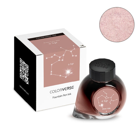 Colorverse Project Ink No.030 α Sgr - 65ml boxed fountain pen ink, featuring a dusty rose/pink-brown shade, with constellation-themed packaging and round bottle.