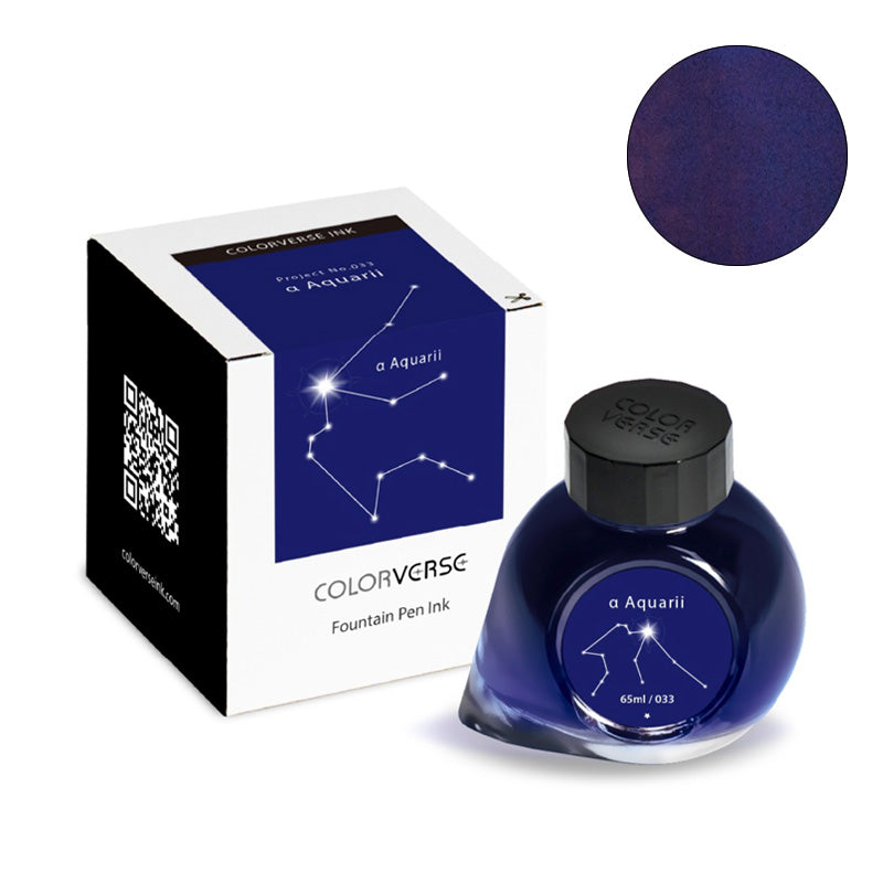 Colorverse Project Ink No.033 α Aquarii - 65ml fountain pen ink bottle with star-constellation design, showcasing deep blue/purplish hue, accompanied by its branded box.