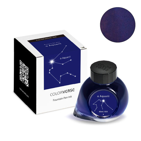 Colorverse Project Ink No.033 α Aquarii - 65ml fountain pen ink bottle with star-constellation design, showcasing deep blue/purplish hue, accompanied by its branded box.