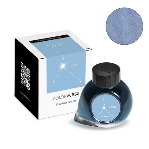 Colorverse Project Ink No.034 α Cnc - 65ml fountain pen ink, featuring a boxed bottle with swatch, highlighting a premium writing experience.