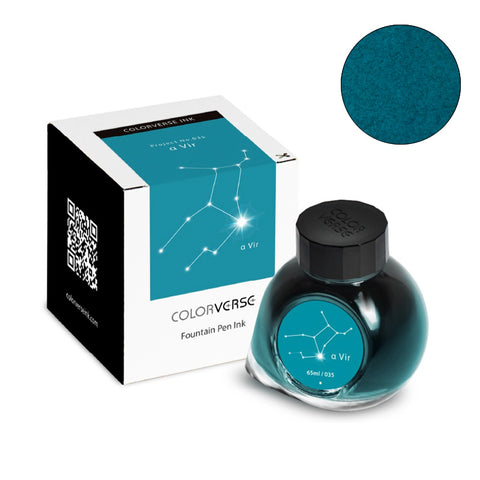 Colorverse Project Ink No.035 α Vir fountain pen ink, 65ml, with deep teal-turquoise hue, features constellation-themed packaging. Ideal for quality writing experiences.