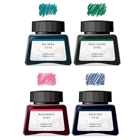 Iroshizuku 4 piece Ink Set (Sho-ko) by Pilot, featuring four 30ml bottles of fountain pen ink in teal, green, blue, and pink.