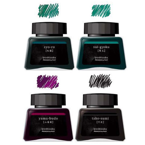 Pilot Iroshizuku 4-piece fountain pen ink set (Yoi) featuring Syo-ro, Sui-gyoku, Take-sumi, and Yama-budō, each in 30ml bottles.