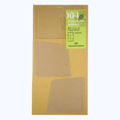 #004 Pocket Stickers (3-pack) for Traveler’s Notebook; clear adhesive pockets designed to hold receipts and notes, enhancing notebook storage.