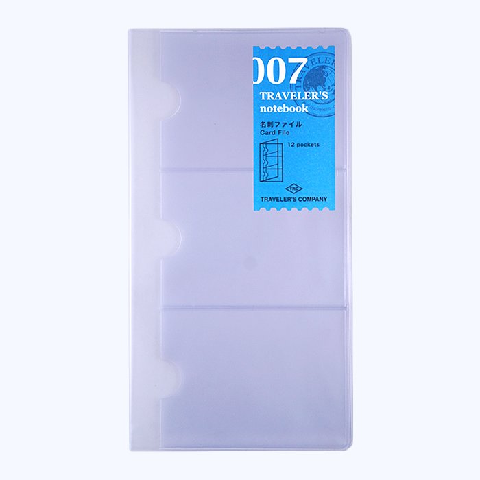 #007 Card File (Regular) with 12 clear pockets for storing business cards or photos, fits Traveler’s Notebook. Labeled “Traveler’s Company” official accessory.
