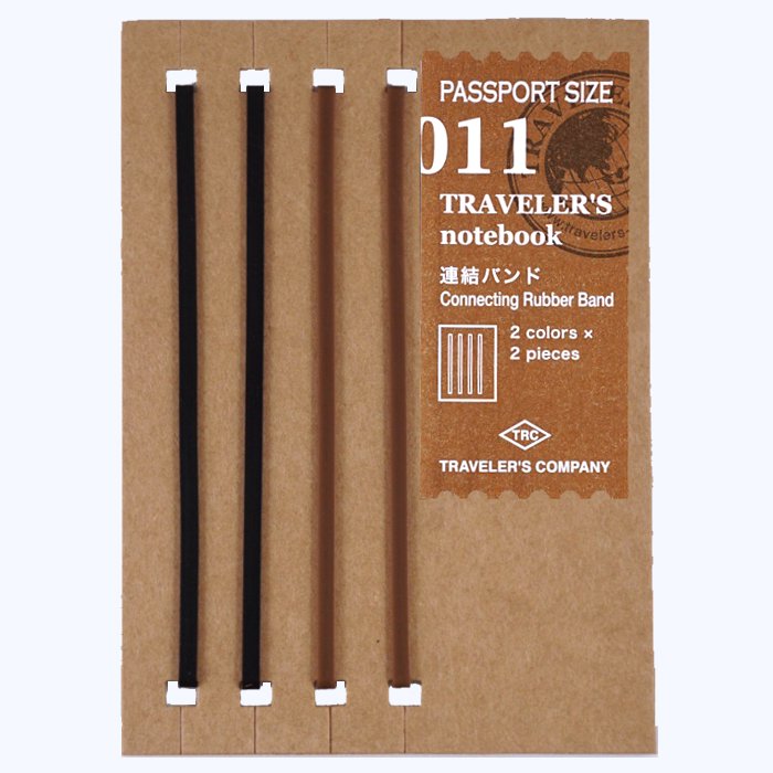 Pack of #011 Connecting Bands (Passport) for Traveler’s Notebook, featuring four elastics on kraft backing, designed to secure passport-size refills together.