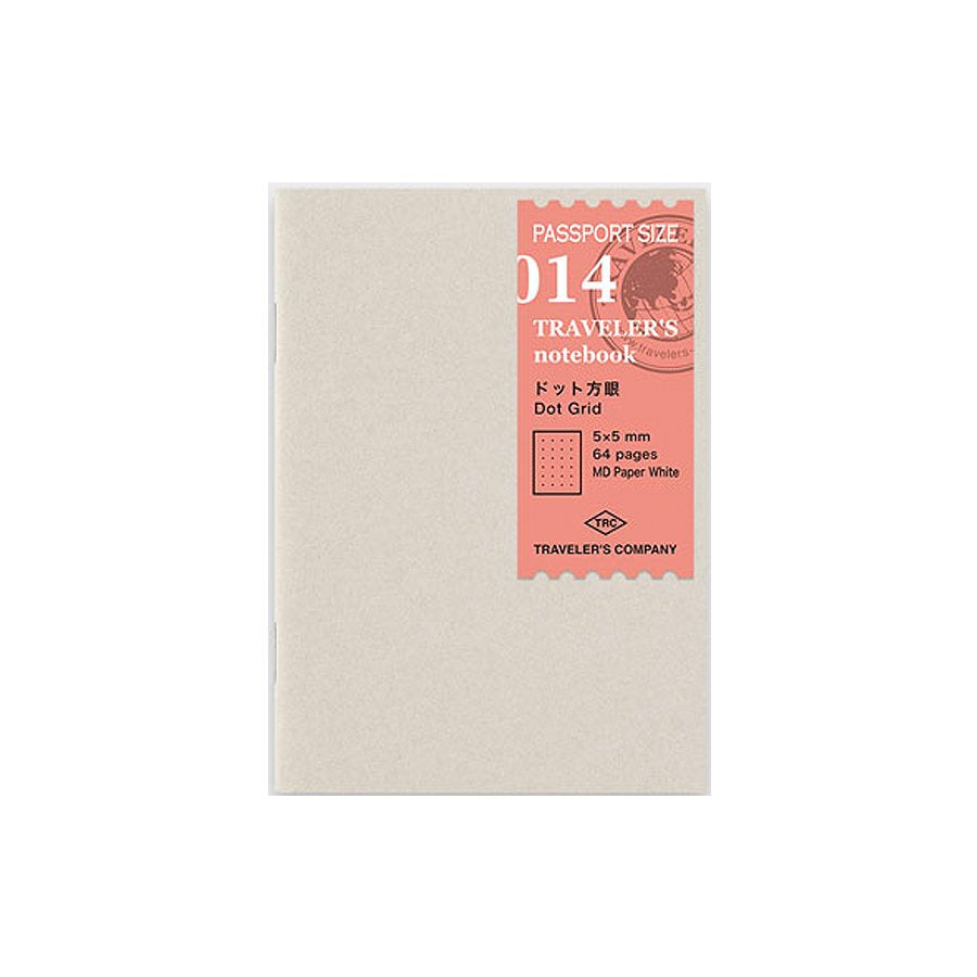 Traveler's Company #014 Dot Grid Refill (Passport), featuring a plain cover with coral label, contains 64 MD paper pages with 5x5mm dot grid.