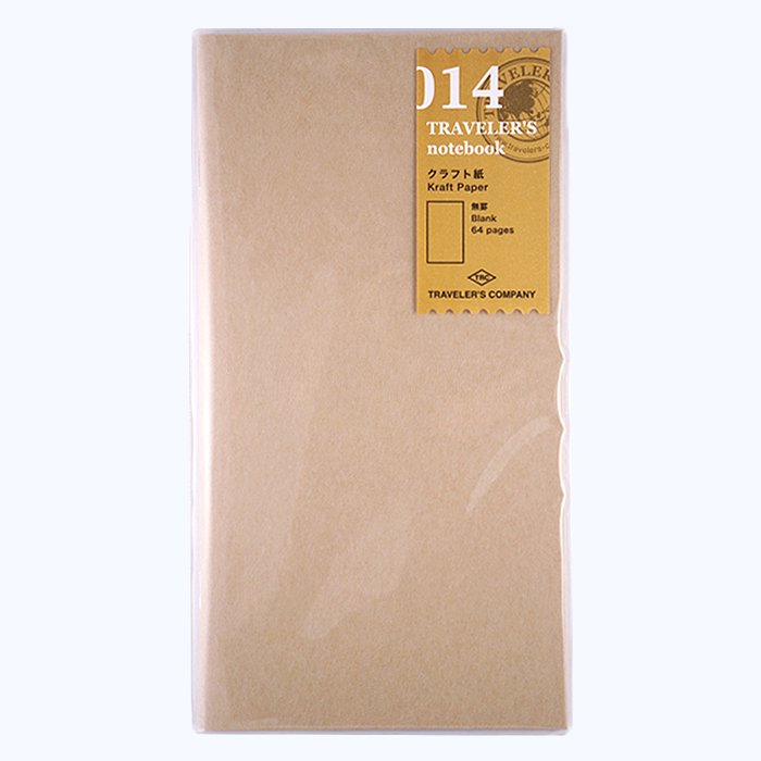 #014 Kraft Paper Refill for Traveler's Company notebook, features 64 unlined kraft-colored pages, wrapped in clear plastic, fits into regular-sized Traveler’s leather cover.