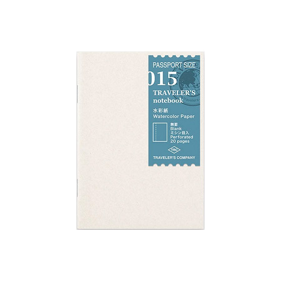 #015 Watercolour Paper Refill (Passport) showing 20 perforated, unlined sheets designed for Traveler's Notebook, offering a compact size perfect for artists.