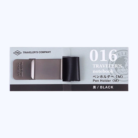 #016 Pen Clip - Medium (Black) by Traveler's Company, featuring a leather loop and metal clip, designed to attach to a Traveler's Notebook for holding writing instruments.