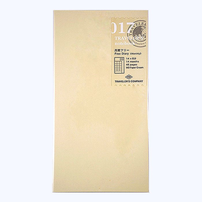 #017 Undated Diary (Monthly) refill, slim cream booklet with 48 MD paper pages, featuring a 14-month planner, world map, and blank note pages.