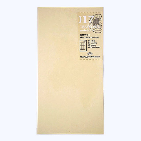 #017 Undated Diary (Monthly) refill, slim cream booklet with 48 MD paper pages, featuring a 14-month planner, world map, and blank note pages.