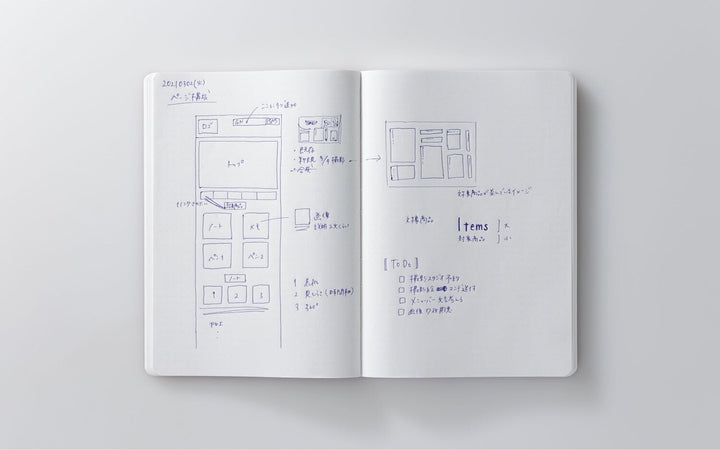 018 Editor’s Series 365 Days Dotgrid Notebook (A5, Black) open with Japanese wireframe sketches and notes, showcasing its fountain pen friendly pages for creative planning.