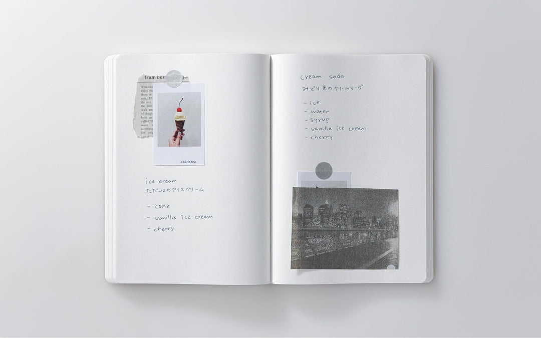 018 Editor’s Series 365 Days Dotgrid Notebook (A5, Black) featuring a creative spread with Polaroid photo, handwritten notes, and recipe, ideal for fountain pen friendly journaling.