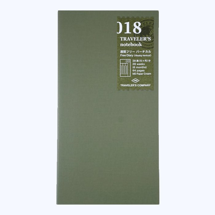 #018 Undated Diary (Weekly) - Vertical by Traveler's Company, featuring 64 pages of cream MD paper with a 28-week vertical layout.