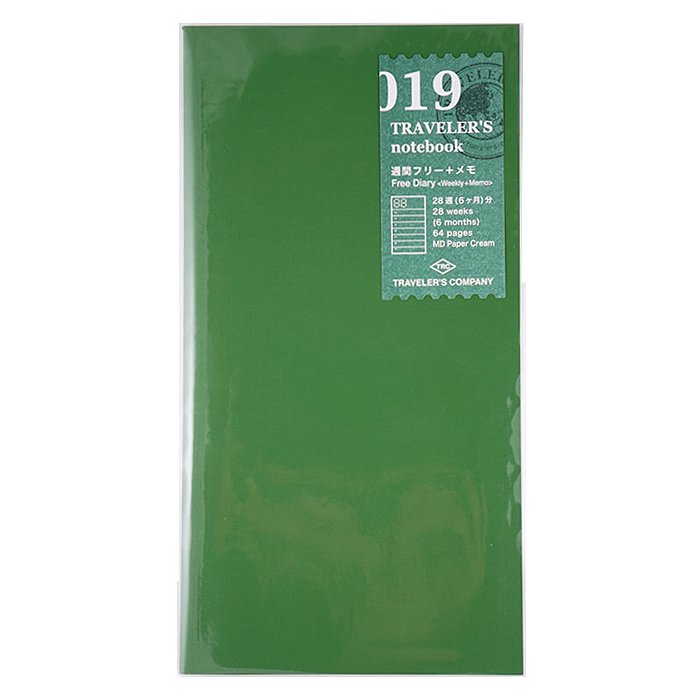 Traveler’s Company #019 Undated Diary (Weekly) - Horizontal, passport size, showing 64 pages for 28 weeks with memo space, grid, and blank pages.