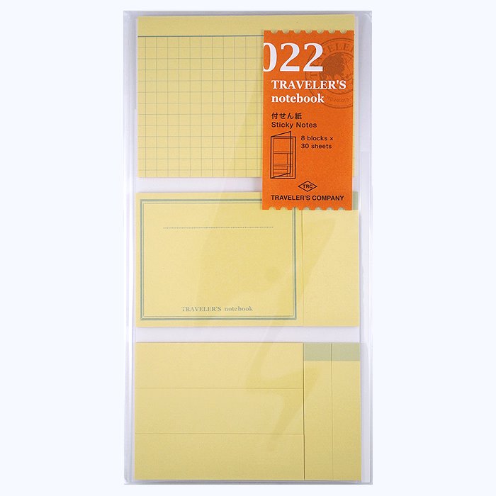 Traveler's Company #022 Sticky Notes set featuring various-sized pale yellow pads, ideal for notebook use, includes grid, border, strip, and lined styles, 30 sheets each.