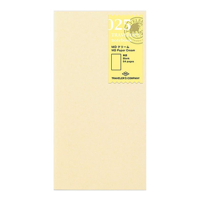 Traveler’s Company #025 Cream Blank Refill, a slim notebook with 64 blank pages, designed for Traveler’s Notebook system, showcasing MD Paper for an exceptional writing experience.