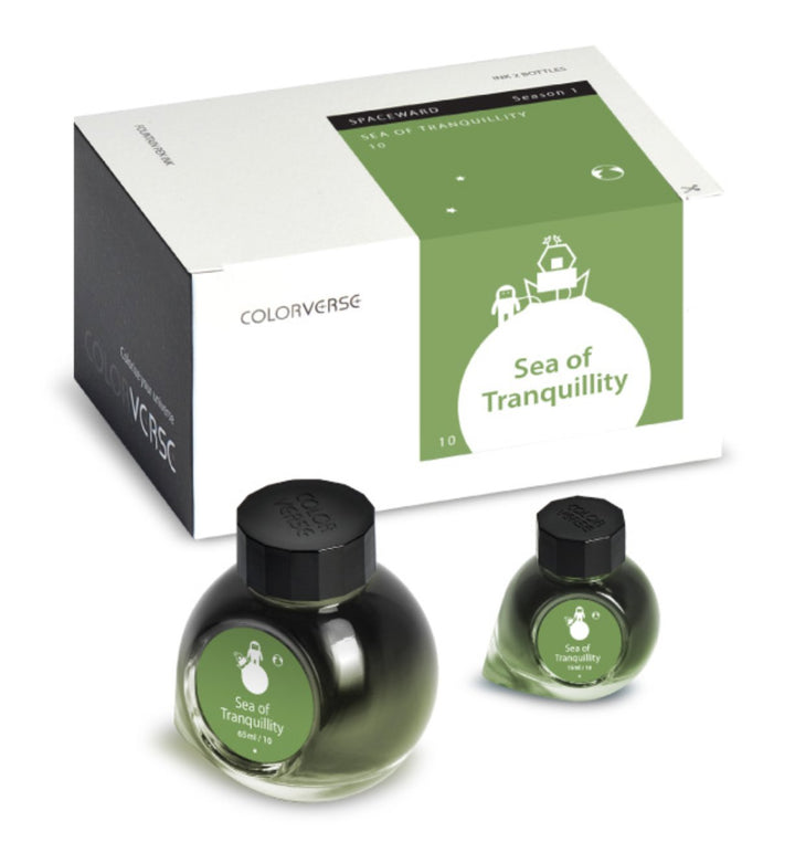 Sea of Tranquility - 65ml + 15ml Set featuring two green ink bottles in white-green box labeled Spaceward Season 1. Includes brochure, pen rest, stickers.