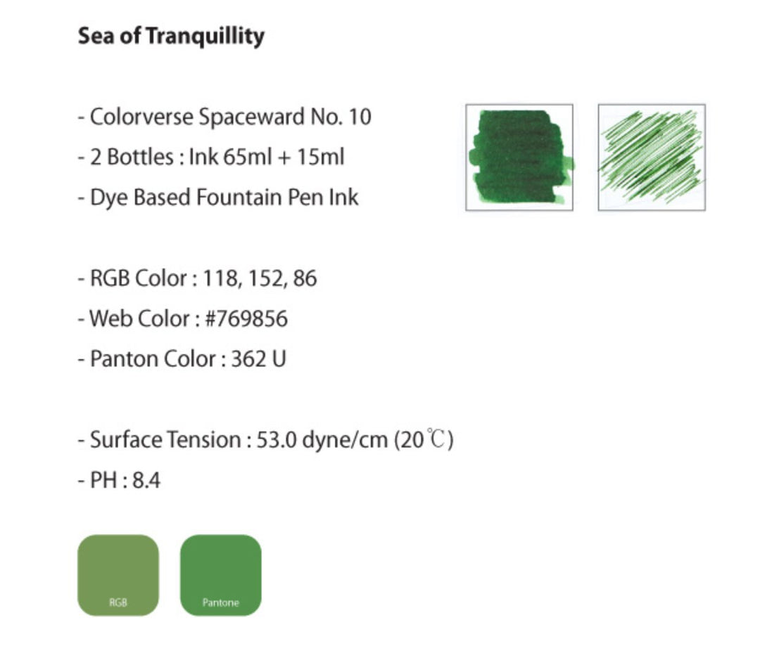 Sea of Tranquility - 65ml + 15ml Set from Colorverse, includes two fountain-pen ink bottles, part of the Spaceward series, featuring dye-based, plant-based ink.