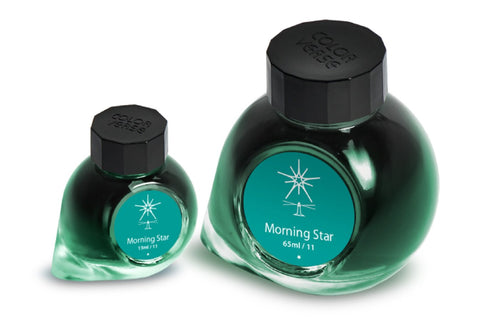 Morning Star - 65ml + 15ml Set: Two teardrop-shaped glass bottles of Colorverse ink with black caps and starburst labels, showcasing quality plant-based dye.
