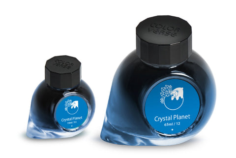 Crystal Planet - 65ml + 15ml Set features two glass ink bottles with black caps and blue labels, part of Colorverse's Spaceward Collection.