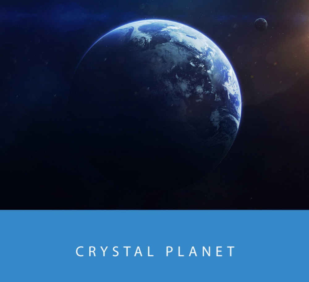 Stylized digital art of a blue Earth-like planet in space with 'CRYSTAL PLANET' text, illustrating the Colorverse Crystal Planet ink set from the Spaceward Collection.