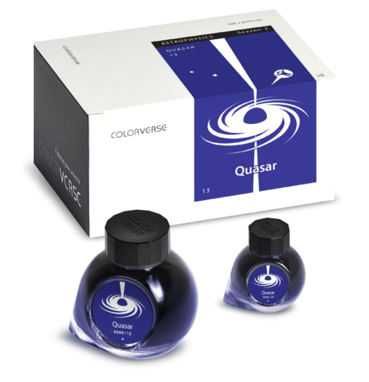 Quasar - 65ml + 15ml Set, featuring two Colorverse ink bottles from the Astrophysics series, includes a brochure, pen rest, stickers, bookmark, and napkin.