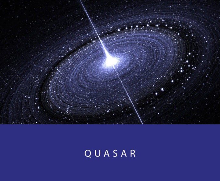 Illustration of a quasar with bright core and particle jets, labeled “QUASAR,” representing Colorverse&