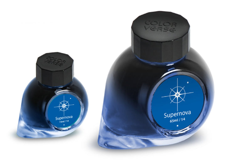 Supernova - 65ml + 15ml Set: Two uniquely shaped glass bottles of Colorverse fountain-pen ink, featuring a blue label and black cap, in different sizes.